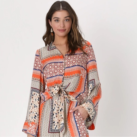 Lulus Moments in Mykonos Orange Scarf Print Tie-Front Long Sleeve Top Sz Medium - Picture 1 of 3